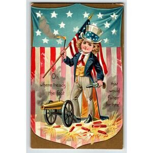 4th Of July Postcard Tuck Child Dressed As Uncle Sam Cannon Gun Unposted 109